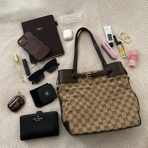 Gucci Brown Leather Trim Monogram Tote